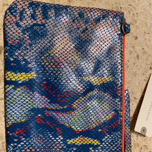 Sale! Anthropologie Sequined Snake-Printed Clutch, Blue, yellow, peach combo - Picture 2 of 8